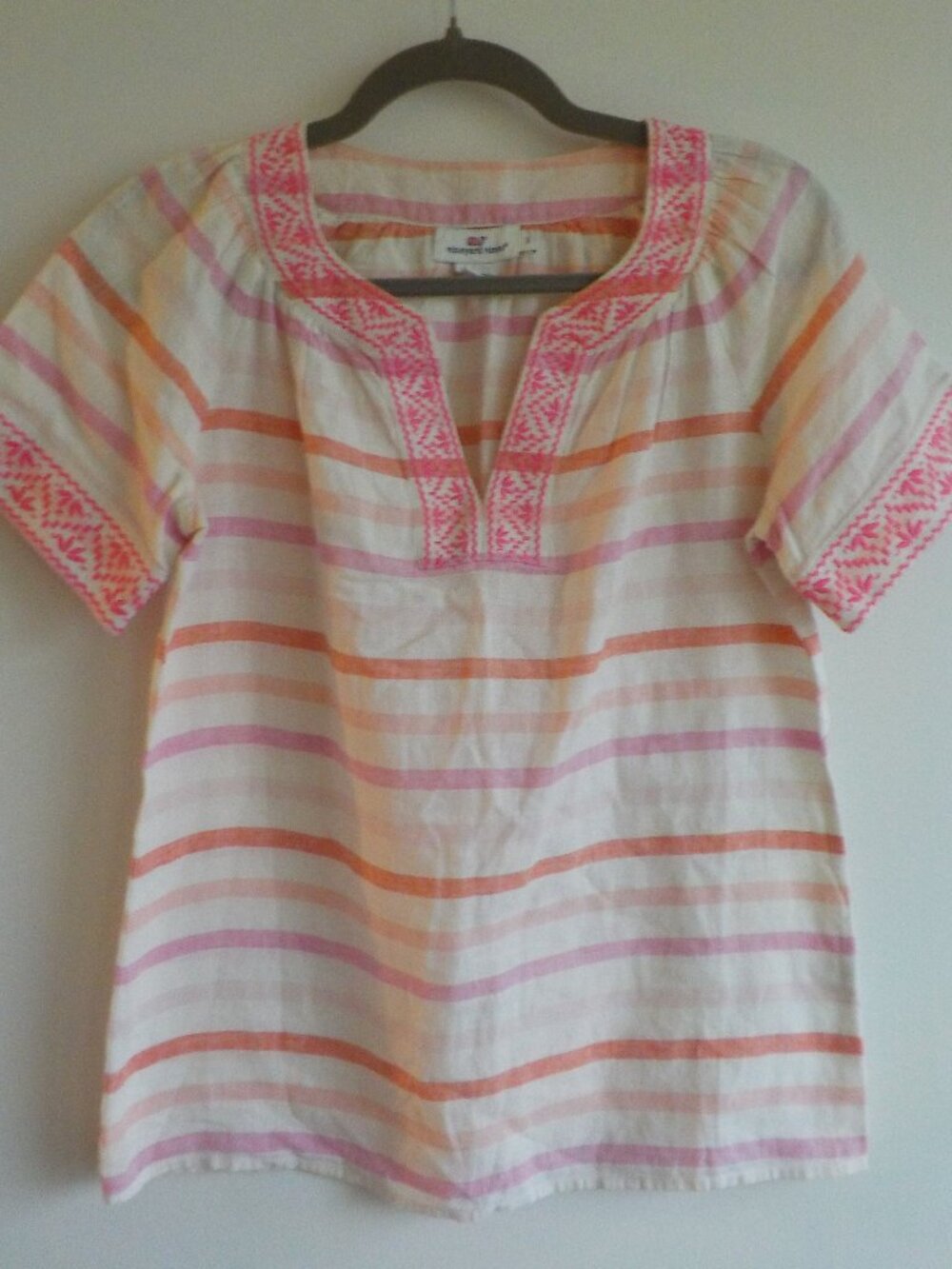 Vineyard Vines Blouse - Small - Linen/Cotton - Short Sleeve Pink/White (911)
